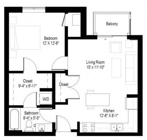 Floor plan for 1 bed, 1 bath, 630 sqft
